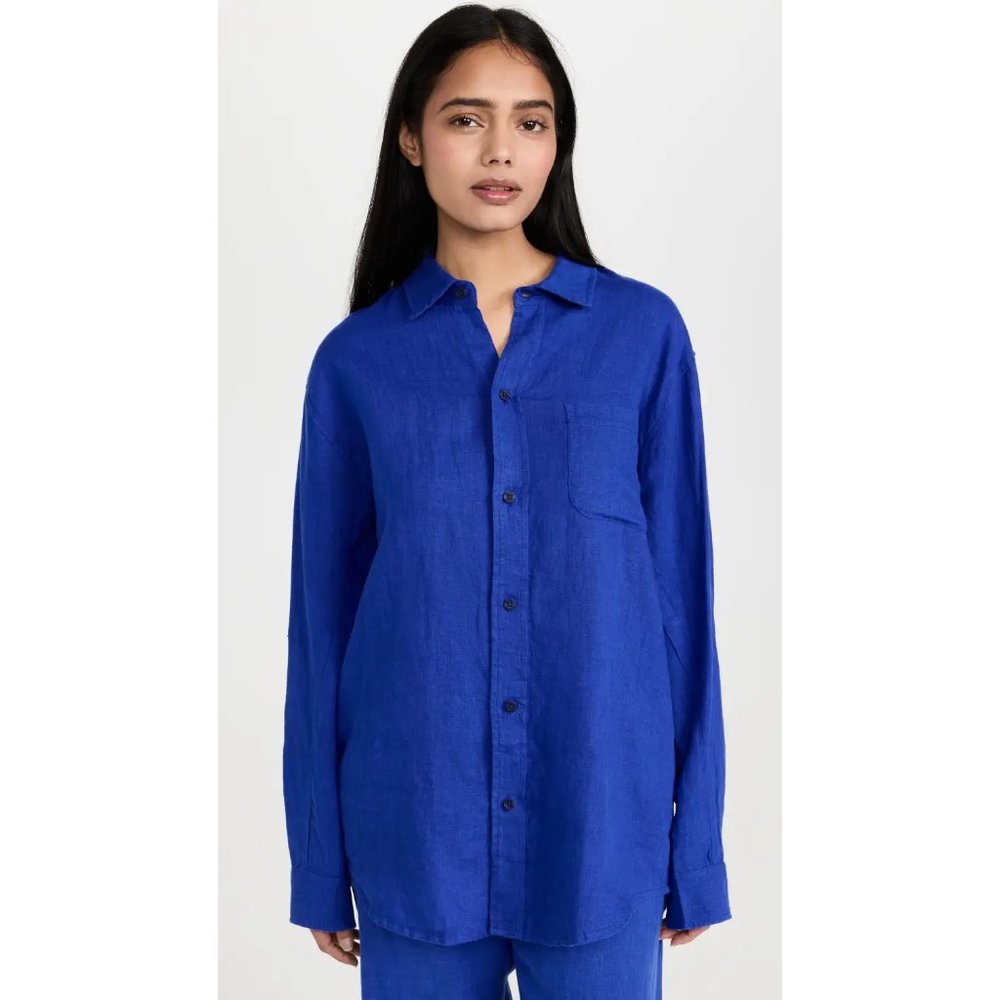 NWT Desmond & Dempsey Lounge Plain Linen Shirt, Size S, Lazuli Blue